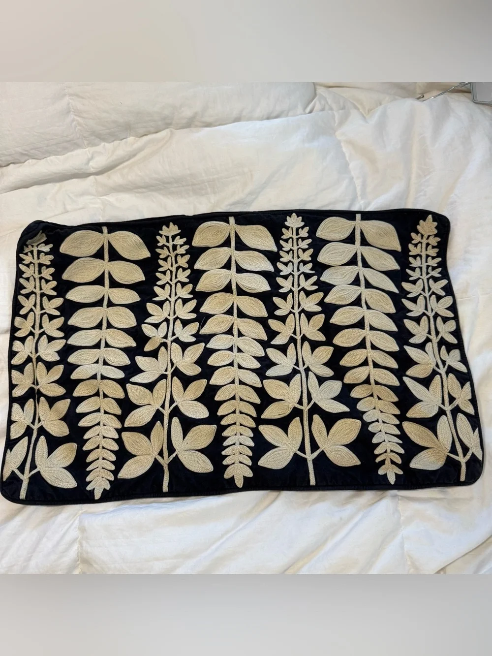 Pottery Barn Brown Cream Vine Leaf Crewel Lumbar Pillow Cover Case 15” X 24”